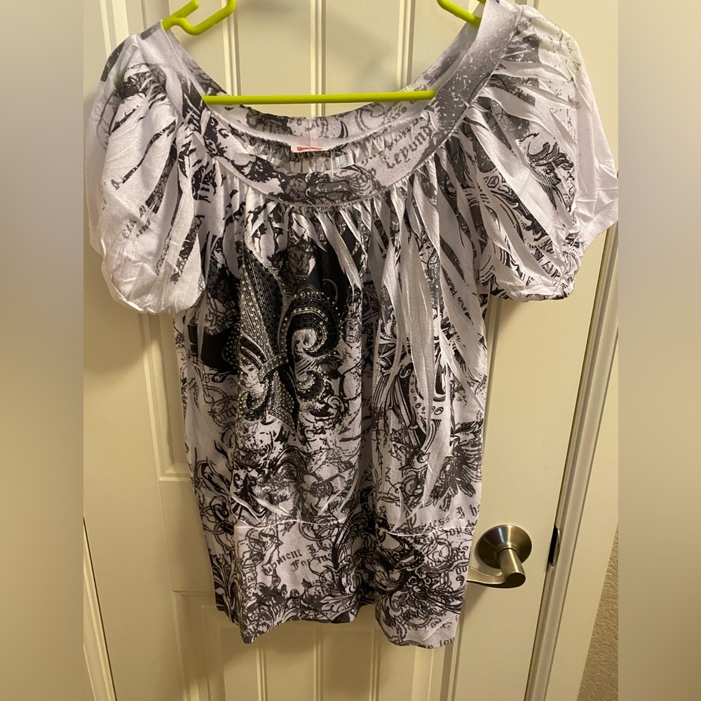 Bling Bling M Top Sublimation Style Medium Blouse Black White Embellished Shirt